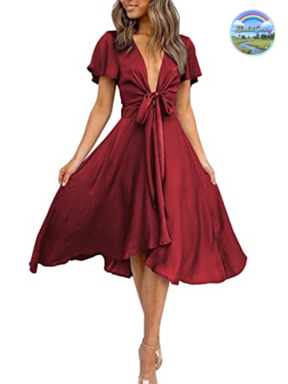 Satin V Neck Ruffle Short Sleeve Tie Front High Waist A-Line Midi Dress